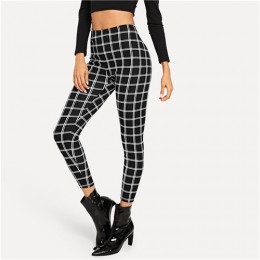 SHEIN czarny szeroki pas Plaid legginsy elegancki urząd Lady Skinny kobiety jesień odzież robocza Highstreet minimalistyczne leg