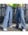 Harajuku Unisex spodnie wzór w kratkę luźne długie kobiety mężczyźni spodnie znosić modne niebieskie spodnie jeansowe Cargo Stre