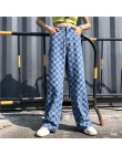 Harajuku Unisex spodnie wzór w kratkę luźne długie kobiety mężczyźni spodnie znosić modne niebieskie spodnie jeansowe Cargo Stre