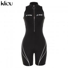 Kliou 2019 kobiet fitness Playsuits bez rękawów z golfem zipper fly list nadruk patchworkowy body sportowe obcisłe stroje