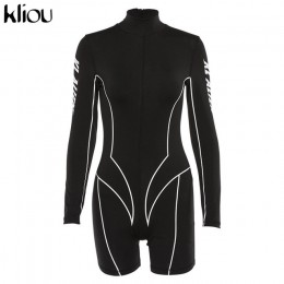 Kliou 2019 nowych kobiet golf z pełnym rękawem fitness playsuit z białymi paskami patchwork, nadruki, napisy push up skinny body