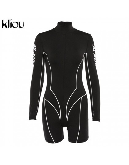 Kliou 2019 nowych kobiet golf z pełnym rękawem fitness playsuit z białymi paskami patchwork, nadruki, napisy push up skinny body