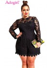 Adogirl Plus rozmiar L-6XL kobiety koronkowe Romper pusty jednolity Out kombinezony z długim rękawem seksowne szorty Playsuit pa