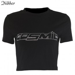 Nibber czarne litery Rhinestone bawełniane t-shirty damskie letnie przycięta, z gołym pępkiem Streetwear modny top Tee Slim Fit 