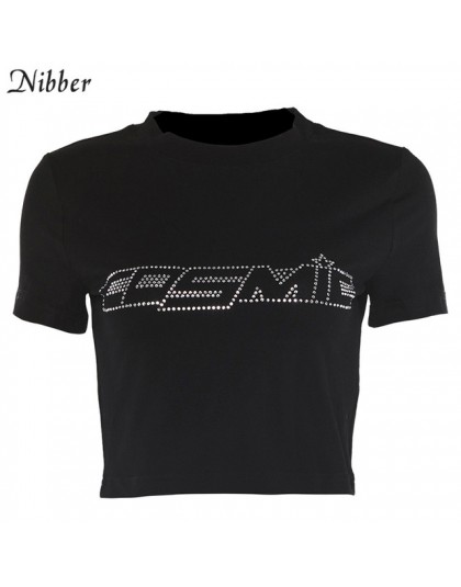 Nibber czarne litery Rhinestone bawełniane t-shirty damskie letnie przycięta, z gołym pępkiem Streetwear modny top Tee Slim Fit 