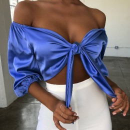 Seksowna satyna Slik krótki Top kobiety łuk skrzydła V Neck Crop koszulka bez rękawów pół rękawa przycięte Backless przycięte fe