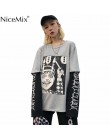 NiceMix koszulka Harajuku kobiety fałszywe 2 sztuk druku japoński Fujiang Horror komiks koszula z długim rękawem kobiety Vetemen