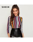 SHEIN Multicolor Mock-neck formularz dopasowany top w paski Slim T Shirt kobiety jesień 3/4 długość rękaw elegancki urząd Lady T