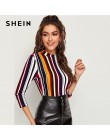 SHEIN Multicolor Mock-neck formularz dopasowany top w paski Slim T Shirt kobiety jesień 3/4 długość rękaw elegancki urząd Lady T