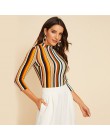 SHEIN Multicolor Mock-neck formularz dopasowany top w paski Slim T Shirt kobiety jesień 3/4 długość rękaw elegancki urząd Lady T