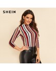 SHEIN Multicolor Mock-neck formularz dopasowany top w paski Slim T Shirt kobiety jesień 3/4 długość rękaw elegancki urząd Lady T