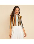 SHEIN Multicolor Mock-neck formularz dopasowany top w paski Slim T Shirt kobiety jesień 3/4 długość rękaw elegancki urząd Lady T