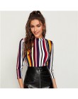 SHEIN Multicolor Mock-neck formularz dopasowany top w paski Slim T Shirt kobiety jesień 3/4 długość rękaw elegancki urząd Lady T