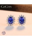 CZCITY nowy naturalny Birthstone Royal Blue owalny Topaz stadniny kolczyki z litego srebra próby 925 Fine Jewelry dla kobiet Bri