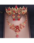 Barokowy Vintage złoty czerwony kryształ zestawy biżuterii ślubnej Rhinestone diadem korona Choker naszyjnik kolczyki zestaw akc