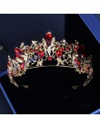 Barokowy Vintage złoty czerwony kryształ zestawy biżuterii ślubnej Rhinestone diadem korona Choker naszyjnik kolczyki zestaw akc