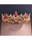 Barokowy Vintage złoty czerwony kryształ zestawy biżuterii ślubnej Rhinestone diadem korona Choker naszyjnik kolczyki zestaw akc