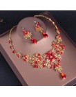 Barokowy Vintage złoty czerwony kryształ zestawy biżuterii ślubnej Rhinestone diadem korona Choker naszyjnik kolczyki zestaw akc