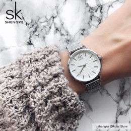 SK Super cienki srebrny Mesh zegarki ze stali nierdzewnej kobiety Top marka luksusowy zegar panie Wrist Watch Lady Relogio Femin