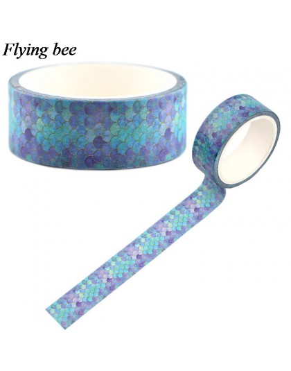 Flyingbee 15mmX5m papierowa taśma washi niebieski rybie łuski klej taśma diy do scrapbookingu naklejki fajne etykiety taśma mask