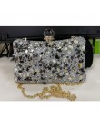 Srebrne diamenty Box Bag wieczorne sprzęgło torebka kobiety moda Mini torby na ramię z łańcuchem kobiece eleganckie ślubne koper