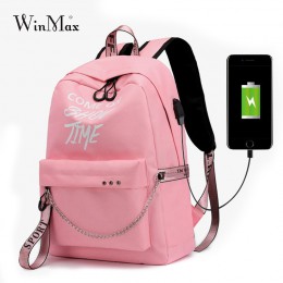 Winmax Luminous USB Charge kobiety plecak modna, z napisami drukuj tornister nastolatek dziewczyny wstążki plecak Mochila Sac A 