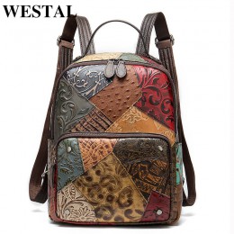 WESTAL Vintage kobiety plecaki prawdziwej skóry kwiatowy tornister dla dziewczyn Zip kobiet plecak szkolny Patchwork Daypack 863