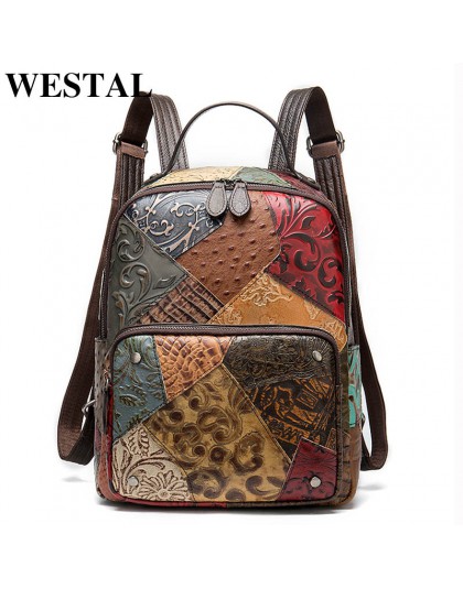 WESTAL Vintage kobiety plecaki prawdziwej skóry kwiatowy tornister dla dziewczyn Zip kobiet plecak szkolny Patchwork Daypack 863