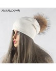 Zimowa jesień pompon czapka beanie z dzianiny wełnianej dla pań Skullies Casual damska czapka prawdziwy szop czapki z futrzanym 