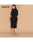 SHEIN eleganckie czarne z połyskiem rozmiar Mock-neck solidna wąska sukienka ołówkowa kobiety wiosna biuro Lady Bodycon podstawy