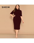 SHEIN eleganckie czarne z połyskiem rozmiar Mock-neck solidna wąska sukienka ołówkowa kobiety wiosna biuro Lady Bodycon podstawy