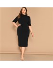 SHEIN eleganckie czarne z połyskiem rozmiar Mock-neck solidna wąska sukienka ołówkowa kobiety wiosna biuro Lady Bodycon podstawy