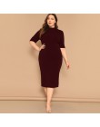 SHEIN eleganckie czarne z połyskiem rozmiar Mock-neck solidna wąska sukienka ołówkowa kobiety wiosna biuro Lady Bodycon podstawy