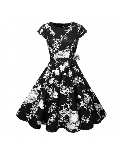 Czarny biały Polka Dot sukienka vintage lato kobiety Floral Print z krótkim rękawem sukienka retro sukienki rockabilly Party Jur