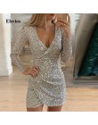 Elsvios Sexy głębokie V Neck sukienka z cekinami eleganckie kobiety Sliver brokat Bodycon Party Dress jesień z długim rękawem kl