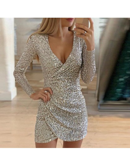 Elsvios Sexy głębokie V Neck sukienka z cekinami eleganckie kobiety Sliver brokat Bodycon Party Dress jesień z długim rękawem kl