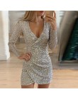 Elsvios Sexy głębokie V Neck sukienka z cekinami eleganckie kobiety Sliver brokat Bodycon Party Dress jesień z długim rękawem kl