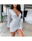 Elsvios Sexy głębokie V Neck sukienka z cekinami eleganckie kobiety Sliver brokat Bodycon Party Dress jesień z długim rękawem kl