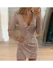 Elsvios Sexy głębokie V Neck sukienka z cekinami eleganckie kobiety Sliver brokat Bodycon Party Dress jesień z długim rękawem kl