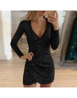 Elsvios Sexy głębokie V Neck sukienka z cekinami eleganckie kobiety Sliver brokat Bodycon Party Dress jesień z długim rękawem kl