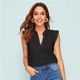 SHEIN v-plisy Lace tapicerka Shell Top 2019 elegancki dekolt V stójka kołnierzyk lato bez rękawów damskie topy i bluzki