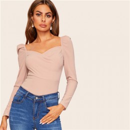 SHEIN Sexy Zip Back bufiaste rękawy blisko dopasowane Wrap Sweetheart Neck bluzka kobiety solidna góra wiosna klub główna ulica 