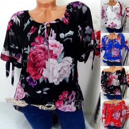 JAYCOSIN Plus Size damska bluzka z krótkim rękawem Print Off Shoulder bluzka pulowerowe topy stylowa luźna koszula damska