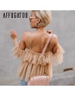 Affogatoo Sexy v z dekoltem, bez ramienia peplum bluzka top kobiety plisowana falbana w stylu vintage mesh bluzka koszula w styl