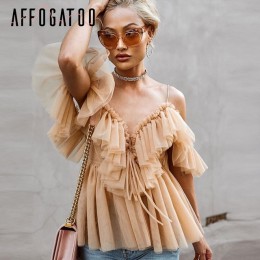 Affogatoo Sexy v z dekoltem, bez ramienia peplum bluzka top kobiety plisowana falbana w stylu vintage mesh bluzka koszula w styl