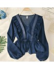 Neploe sznurkiem Sash Ruffles kobiety bluzka dekolt koronki Patchwork Vintage Blusa 2020 wiosna lato solidna szczupła moda topy 