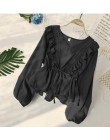 Neploe sznurkiem Sash Ruffles kobiety bluzka dekolt koronki Patchwork Vintage Blusa 2020 wiosna lato solidna szczupła moda topy 