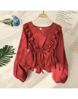 Neploe sznurkiem Sash Ruffles kobiety bluzka dekolt koronki Patchwork Vintage Blusa 2020 wiosna lato solidna szczupła moda topy 