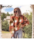 BerryGo Vintage lambswool plaid bluzy damskie bluza O neck luźny sweter bluza damska jesienne zimowe damskie ciepłe kurtki