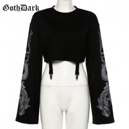 Goth ciemny czarny nadruk ze smokiem Gothic Vintage bluzy damskie Harajuku luźna jesień 2019 Crop Flare rękaw bluza z kapturem